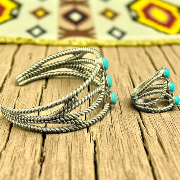 Sterling Silver Turquoise Bracelet & Ring Set Navajo Style size 11 - Picture 4 of 6